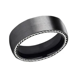 Josephs Jewelers Wedding Bands For Men>Black Titanium Silver Rope Edge Wedding Band