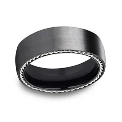 Josephs Jewelers Wedding Bands For Men>Black Titanium Silver Rope Edge Wedding Band