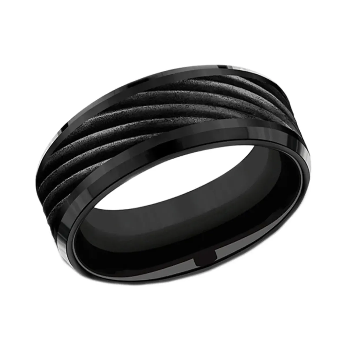 Josephs Jewelers Wedding Bands For Men>Black Titanium Swirl Center 8mm Band