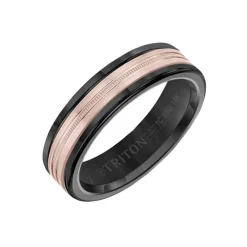 Josephs Jewelers Wedding Bands For Men>Black Tungsten and 14K Rose Gold Milgrain Band