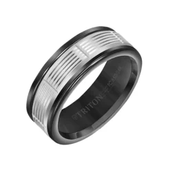 Josephs Jewelers Wedding Bands For Men>Black Tungsten and 14K White Gold Serrated Band