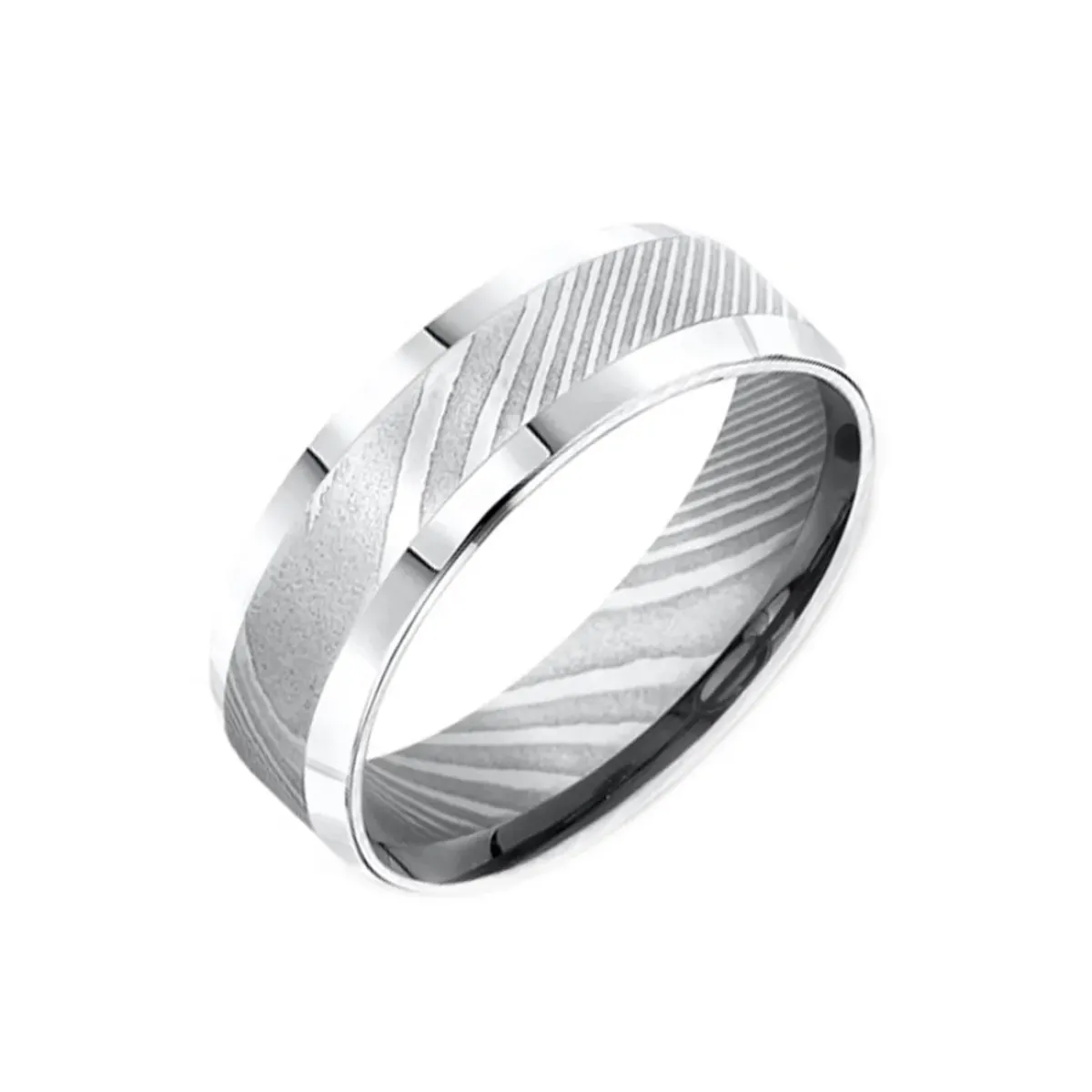 Josephs Jewelers Wedding Bands For Men>Damascus Steel Beveled Wedding Band