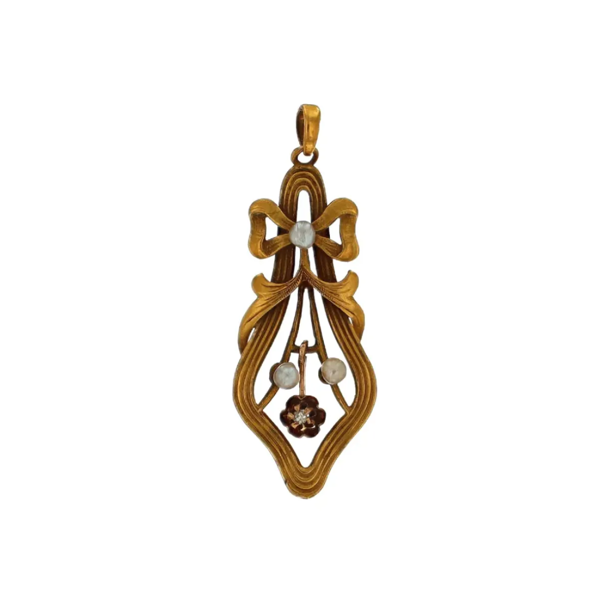 Josephs Jewelers Estate>Estate 14K Yellow Gold Pearl and Diamond Bow Pendant