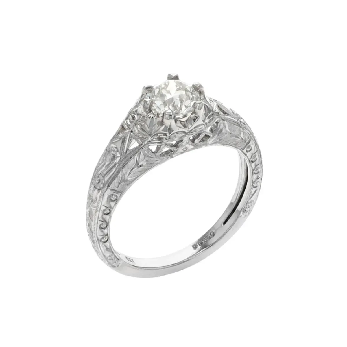 Josephs Jewelers Estate>Estate Platinum Hand Engraved Diamond Engagement Ring