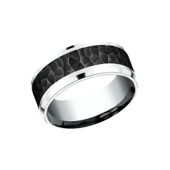 Josephs Jewelers Wedding Bands For Men>14K White Gold and Black Titanium Hammered Wedding Band