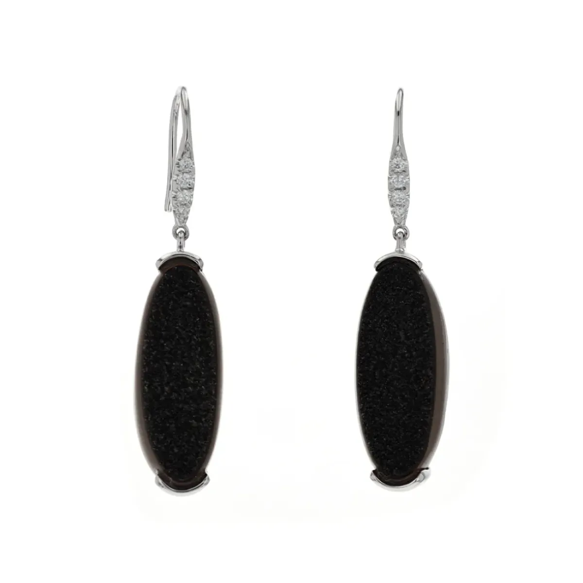 Josephs Jewelers Earrings>14K White Gold Black Oval Drusy and Diamond Earrings
