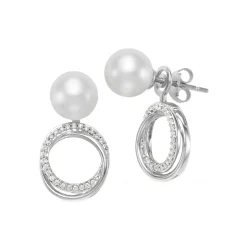 Josephs Jewelers Earrings>14K White Gold Cultured Pearl and Diamond Circle Swirl Earrings
