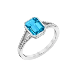 Josephs Jewelers Rings>14K White Gold Emerald-Cut Blue Topaz and Diamond Ring