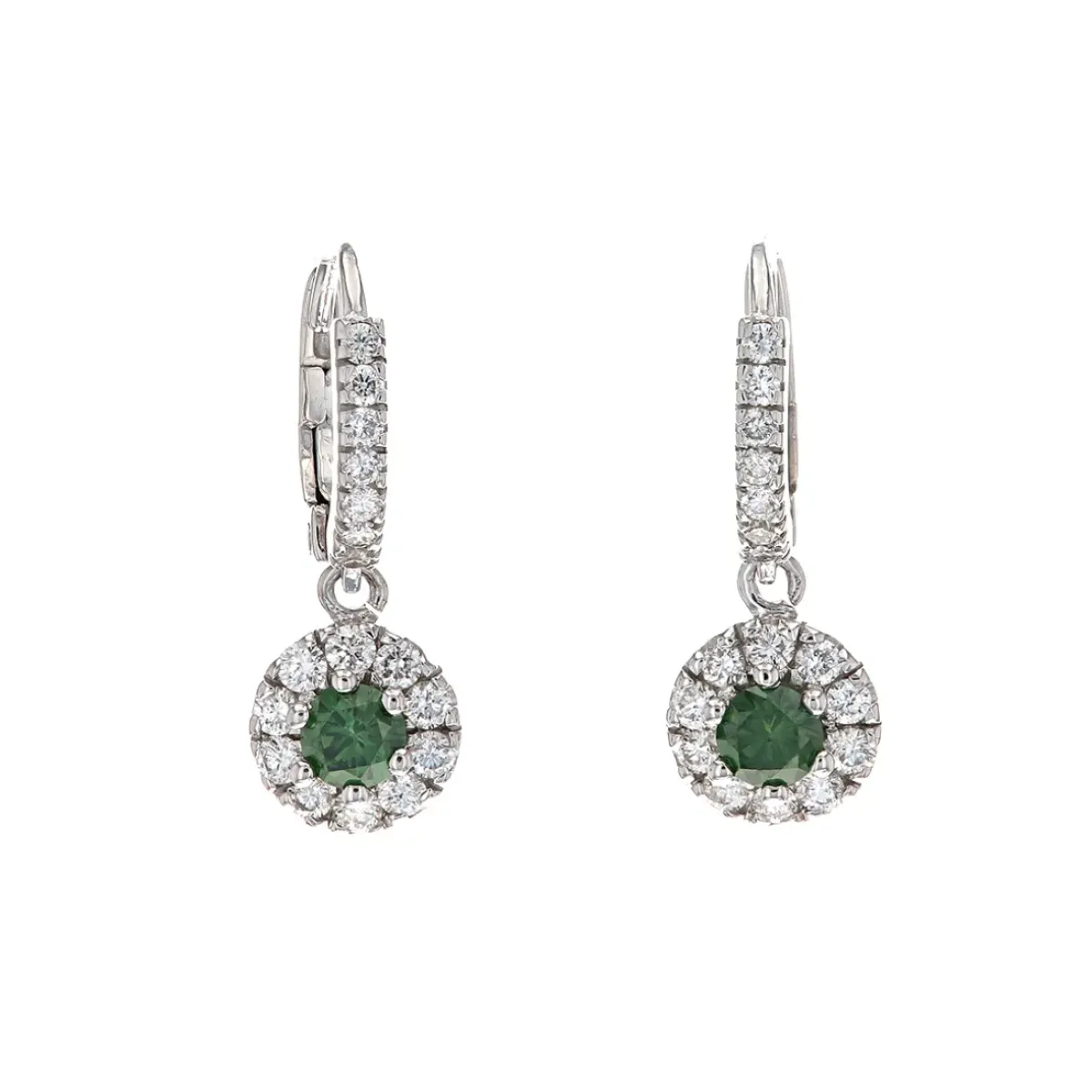 Josephs Jewelers Earrings>14K White Gold Green Diamond Halo Dangle Earrings