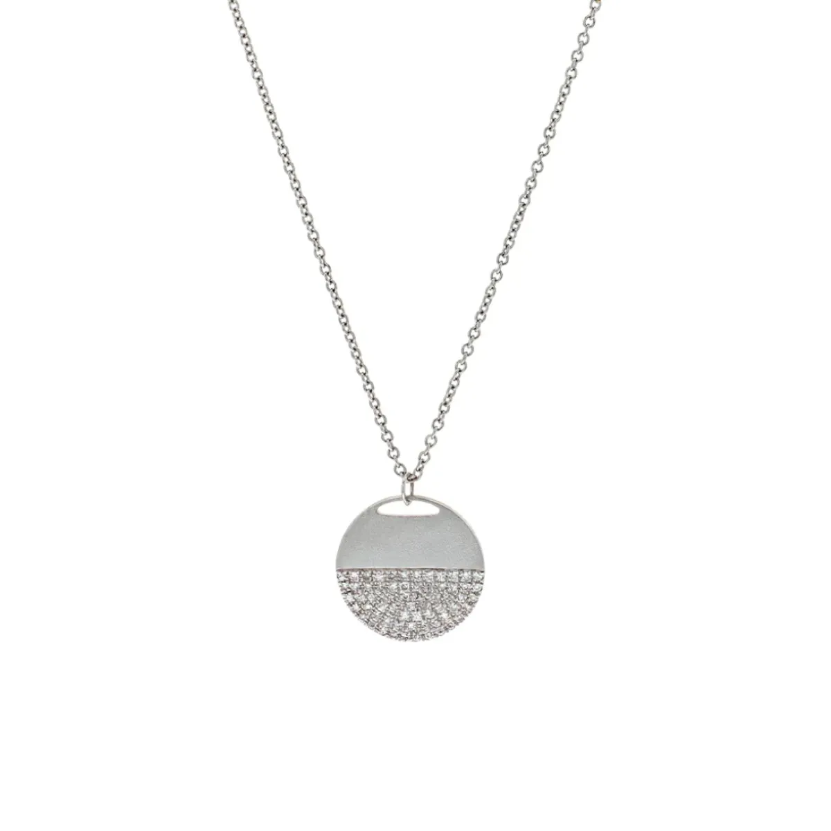 Josephs Jewelers Necklaces And Pendants>14K White Gold Half Diamond Pavé Disc Pendant with Chain
