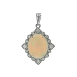Josephs Jewelers Necklaces And Pendants>14K White Gold Oval Australian Opal and Diamond Pendant