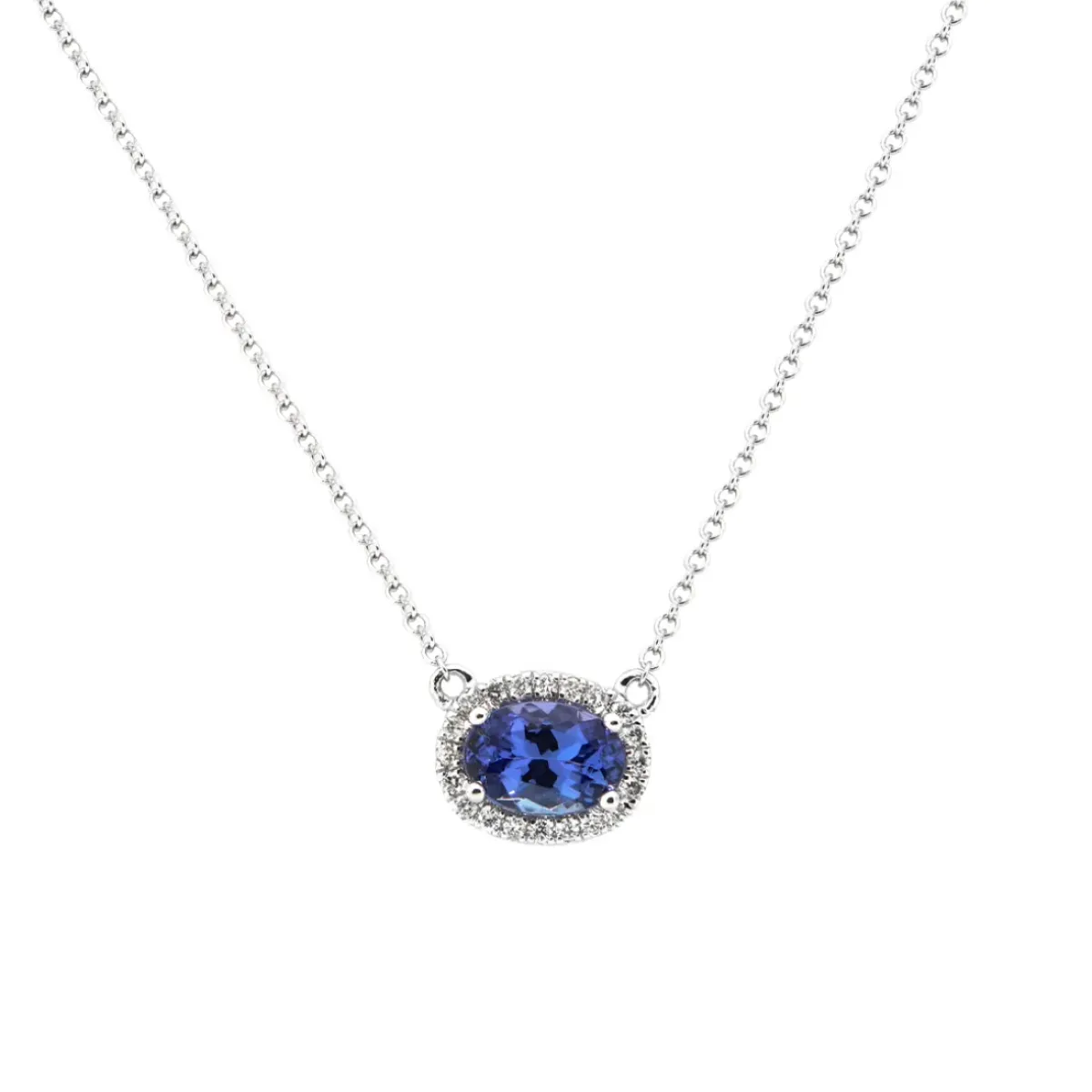 Josephs Jewelers Necklaces And Pendants>14K White Gold Oval Tanzanite and Diamond Halo Necklace