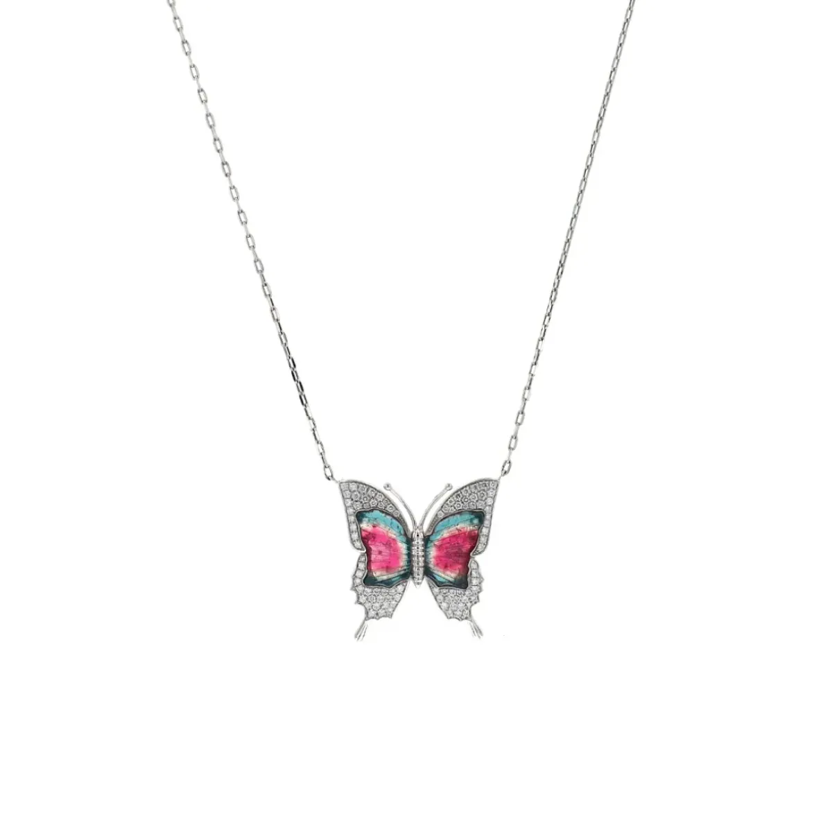 Josephs Jewelers Necklaces And Pendants>14K White Gold Tourmaline and Diamond Butterfly Necklace