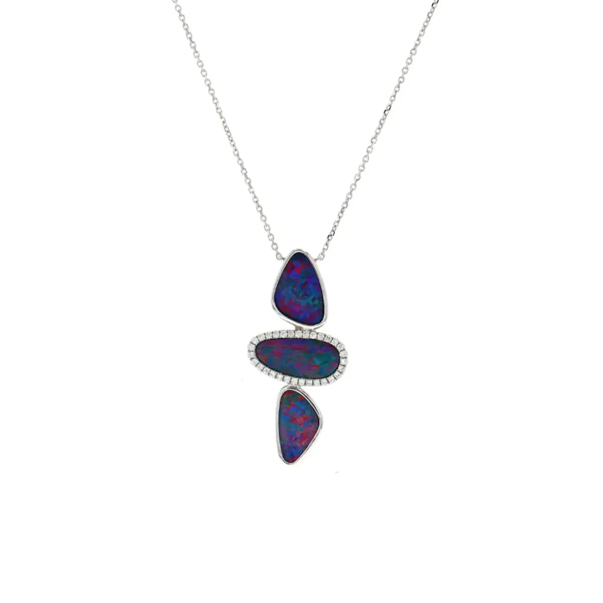 Josephs Jewelers Necklaces And Pendants>14K White Gold Triple Opal Doublet and Diamond Necklace