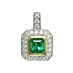 Josephs Jewelers Necklaces And Pendants>14K Yellow and White Gold Emerald and Diamond Halo Pendant