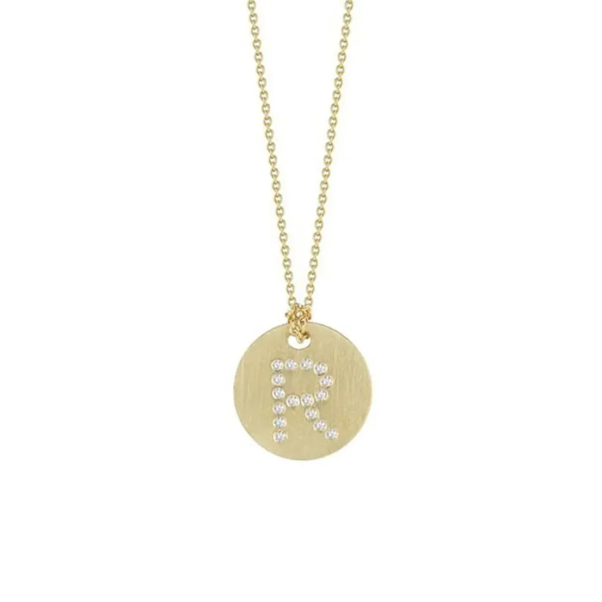 Josephs Jewelers Necklaces And Pendants>18K Yellow Gold Diamond “R” Disc Pendant with Chain