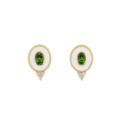 Josephs Jewelers Earrings>14K Yellow Gold Green Tourmaline and White Enamel Earrings