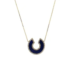 Josephs Jewelers Necklaces And Pendants>14K Yellow Gold Horseshoe Lapis and Diamond Necklace