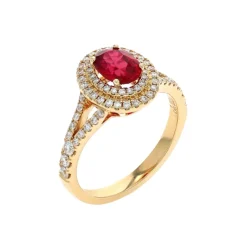 Josephs Jewelers Rings>14K Yellow Gold Oval Ruby and Double Diamond Halo Ring