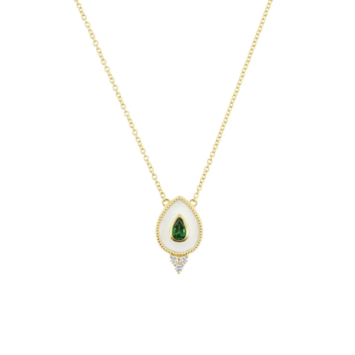 Josephs Jewelers Necklaces And Pendants>14K Yellow Gold Pear Green Tourmaline, Diamond, and White Enamel Necklace
