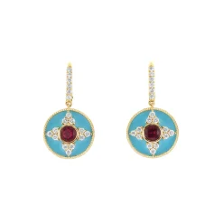 Josephs Jewelers Earrings>14K Yellow Gold Rubellite and Diamond Blue Enamel Earrings