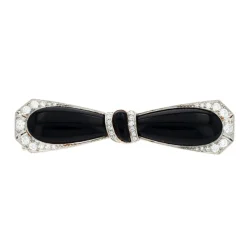 Josephs Jewelers Estate>Platinum Art Deco Black Onyx & Diamond Bow Pin