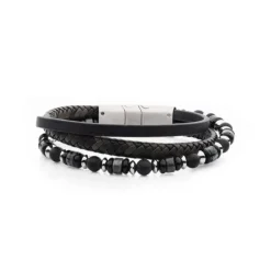 Josephs Jewelers Men’s Jewelry>Stainless Steel Jasper and Onyx Leather Bracelet