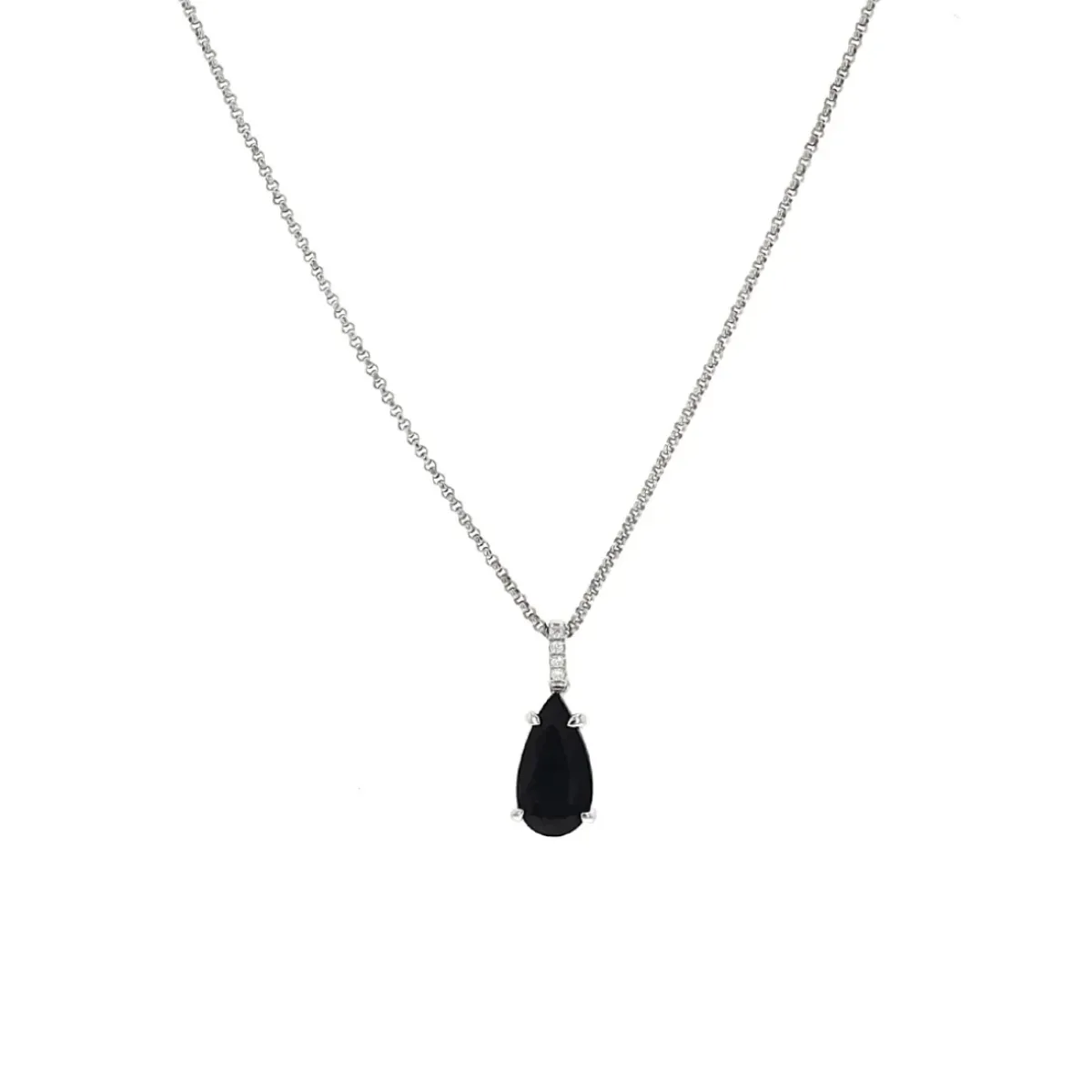 Josephs Jewelers Necklaces And Pendants>Sterling Silver Pear Black Agate and Diamond Pendant with Chain