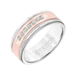 Josephs Jewelers Wedding Bands For Men>White Tungsten and 14K Rose Gold Band